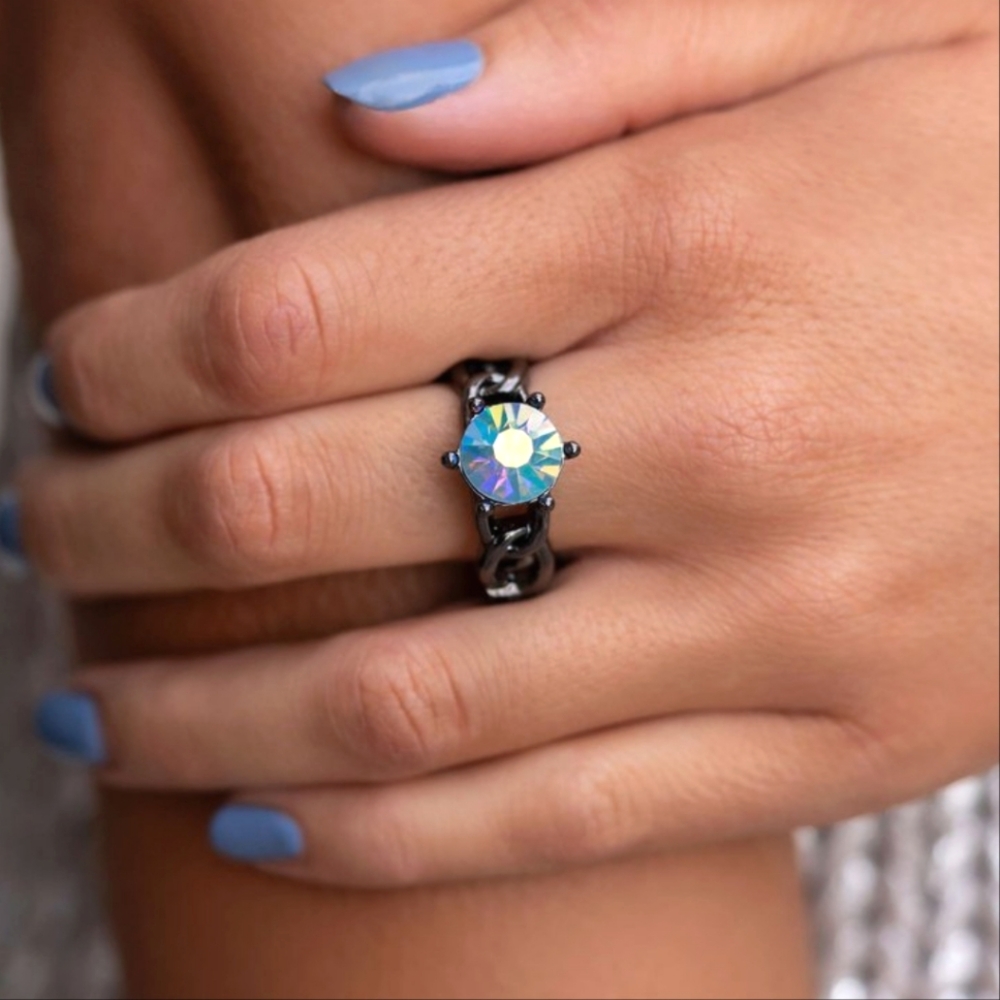 Authoritative Ability - Blue Iridescent Gem Gunmetal Stretchy Ring